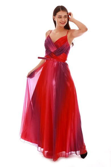 Carmen Empirme Kırmızı Şifon Degrade Piliseli Abiye Elbise
