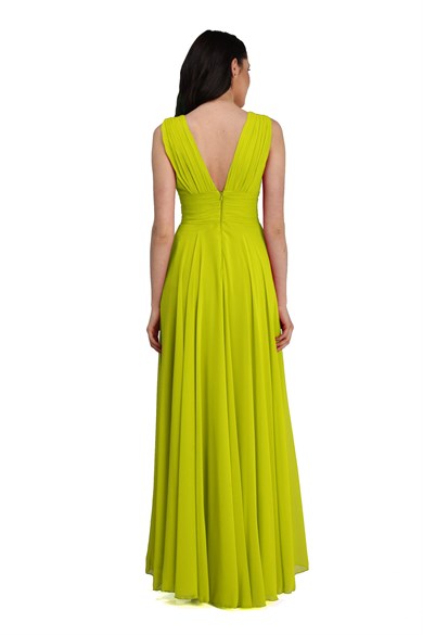 Pierre Cardin Fıstık Yeşil Şifon V Yaka Uzun Abiye Elbise