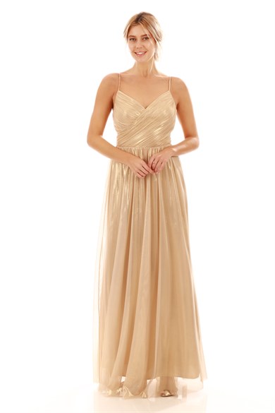 Carmen Gold Sıvamalı Tüllü Uzun Abiye Elbise