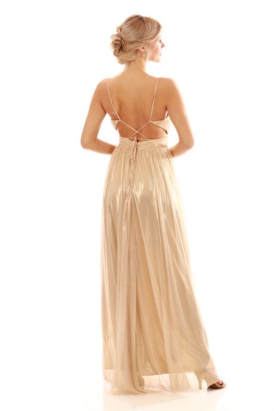 Pierre Cardin Gold Sıvamalı Tüllü Uzun Abiye Elbise