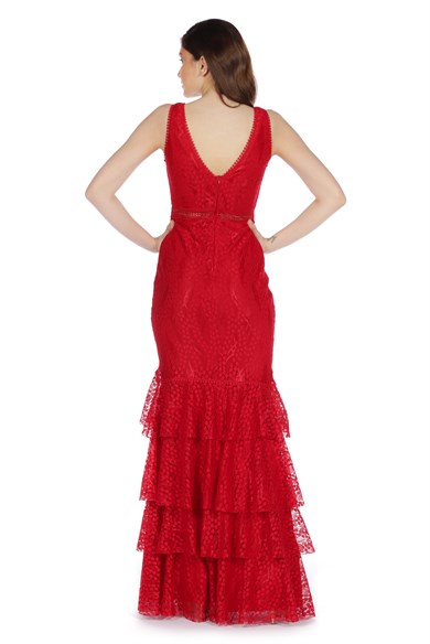 Pierre Cardin Kırmızı Dantelli Eteği Katlı Uzun Abiye Elbise