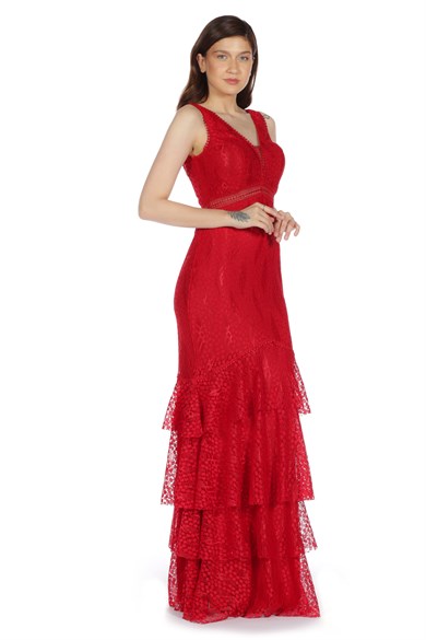 Pierre Cardin Kırmızı Dantelli Eteği Katlı Uzun Abiye Elbise
