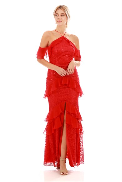 Carmen Kırmızı Dantelli Önden Yırtmaçlı Abiye Elbise