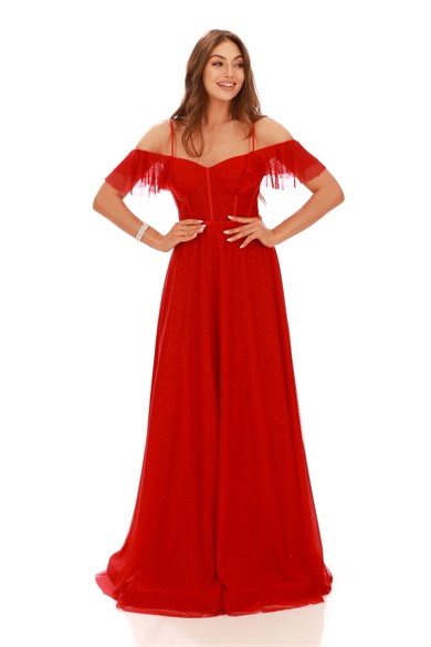Pierre Cardin Kırmızı Düşük Kol Şifon Uzun Abiye Elbise