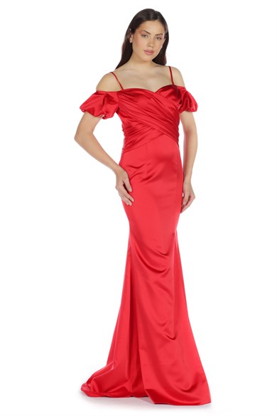 Pierre Cardin Kırmızı Göğsü Saten Drapeli Uzun Abiye Elbise