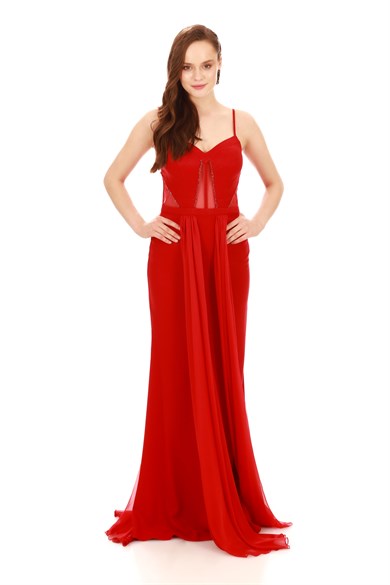 Pierre Cardin Kırmızı Krep Boncuk İşlemeli Pelerinli Abiye Elbise