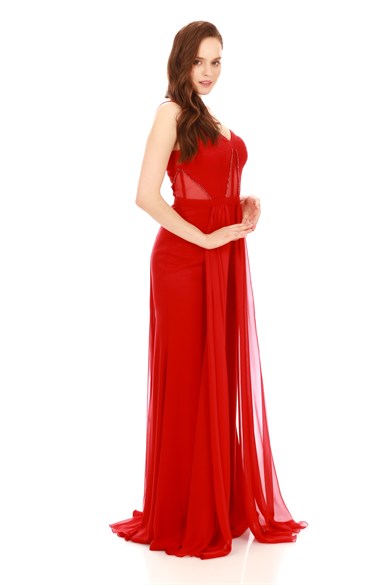 Pierre Cardin Kırmızı Krep Boncuk İşlemeli Pelerinli Abiye Elbise