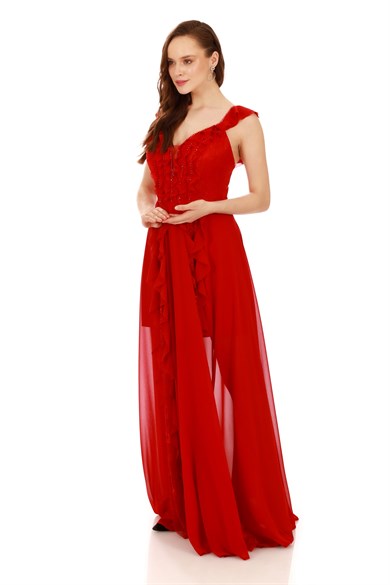 Pierre Cardin Kırmızı Şifon Volanlı Dantelli Boncuk İşlemeli Abiye Elbise