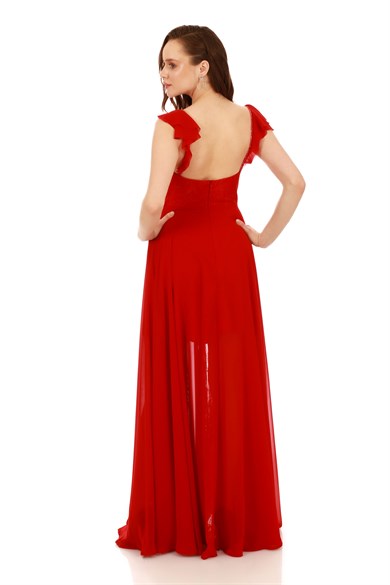 Pierre Cardin Kırmızı Şifon Volanlı Dantelli Boncuk İşlemeli Abiye Elbise