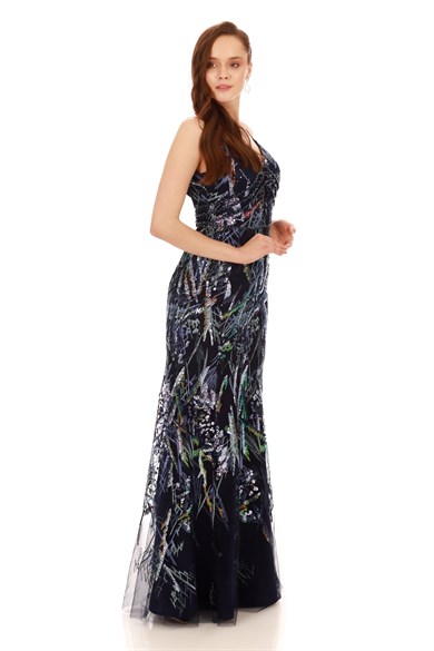 Pierre Cardin Lacivert Payetli Askılı Uzun Balık Abiye Elbise