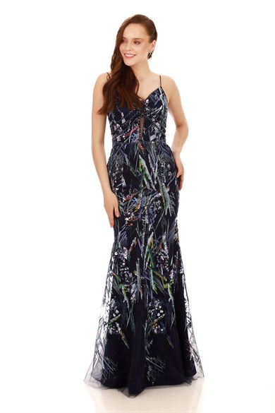 Carmen Lacivert Payetli Askılı Uzun Balık Abiye Elbise