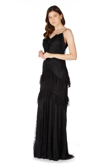 Pierre Cardin Siyah Dantelli Eteği Fırfırlı Abiye Elbise