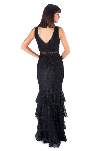 Pierre Cardin Siyah Dantelli Eteği Katlı Uzun Abiye Elbise