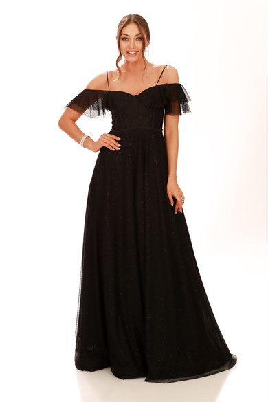 Carmen Siyah Düşük Kol Şifon Uzun Abiye Elbise
