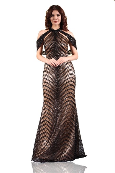 Carmen Siyah Şal Yaka Balık Abiye Elbise