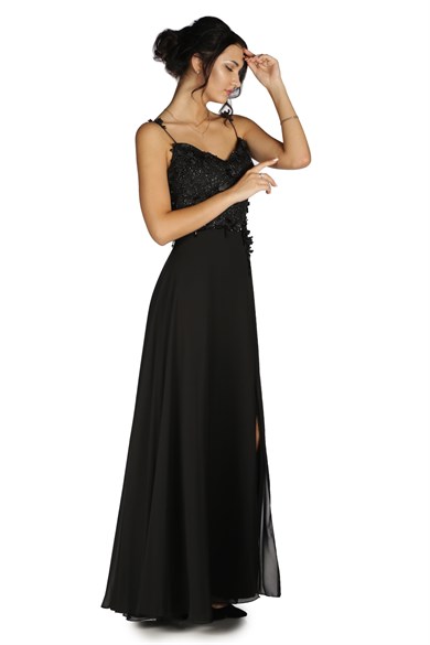 Pierre Cardin Siyah Üstü Çiçekli Şifon Uzun Abiye Elbise
