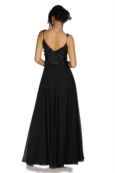 Pierre Cardin Siyah Üstü Çiçekli Şifon Uzun Abiye Elbise