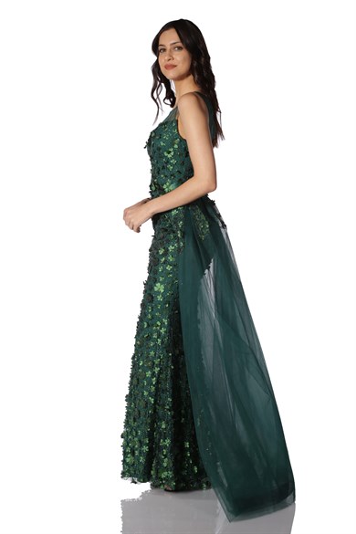 Pierre Cardin Yeşil Çiçekli Pelerinli Uzun Abiye Elbise